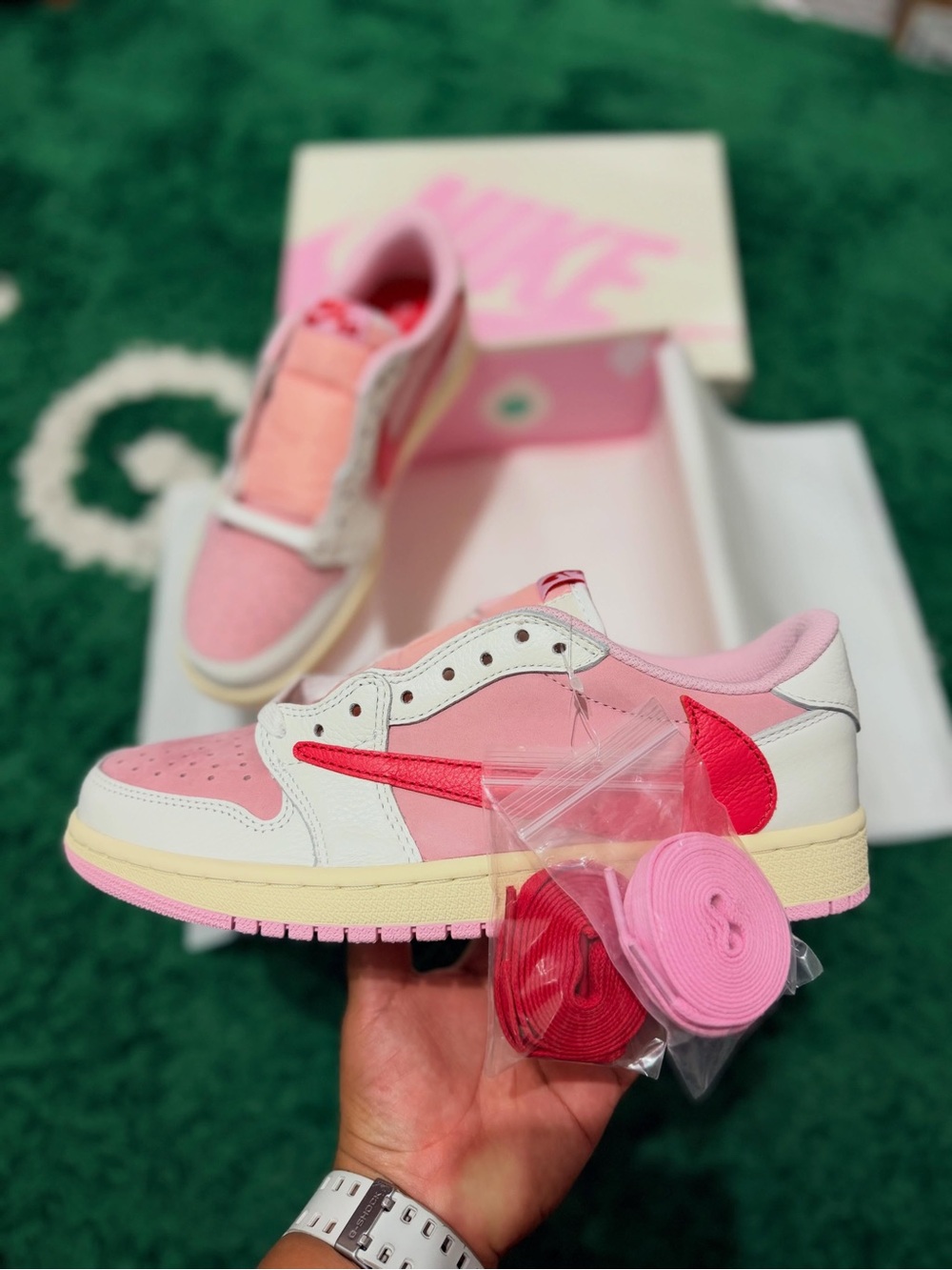 Travis Scott Pink, White & Red Low-Top Sneakers